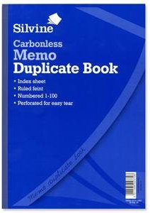 Silvine Carbonless Duplicate Book. Manufactured from quality paper, white pages numbered from 1 to 100 with an index sheet. Ruled Feint - Memo. Size: A4 (298x210mm). Ref: 714.