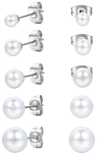 JewelryWe Schmuck Damen-Ohrringe, 4~8mm Edelstahl Imitation Perlen Gestüt Ohrstecker, Weiss Silber (5 Paar)