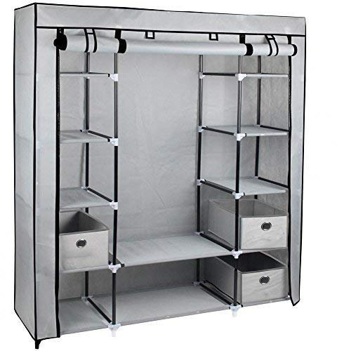 Eurotrade W Ltd Large Grey Fabric Canvas Bedroom Wardrobe With Hanging Rail Shelving Clothes Storage Cupboard Unit