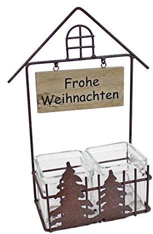 Windlicht - Frohe Weihnachten - Gestell aus Metall mit Zwei Gläser - 29cm hoch