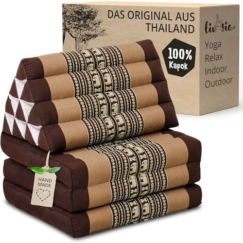 livasia Thaikissen mit 3 Auflagen - 175x50x8cm - Dreieckskissen mit Klappmatratze, Keilkissen Kapok, Rückenkissen faltbar, Thaimatte zum Klappen, handgefertigt, Meditationskissen (Braun/Elefanten)
