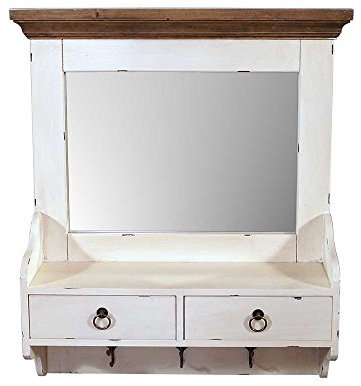 Land Casa Möbel – Wandgarderobe Provence – Landhaus, Wandregal mit Spiegel aus Holz 2 Schubladen Vintage Look cremeweiß