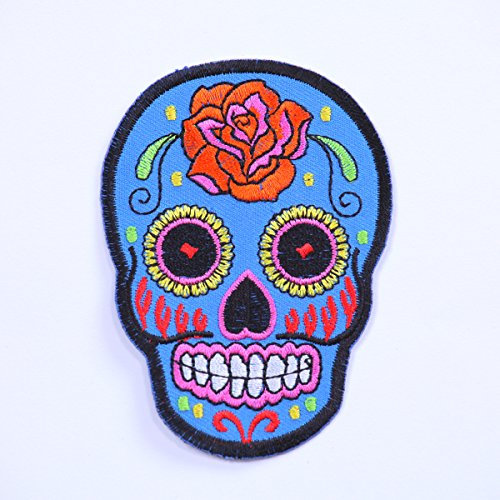Aufnäher Bügelbilder Patches für Kleidung Bekleidung Jacken Jeans Bekleidung Hosen Bügel Patches Flicken Ornamente Aufbügler Aufnäher Applikation zum aufbügeln Candy Skull blau 8,5 cm