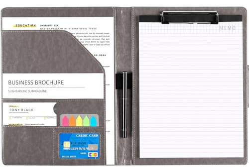 Hengsong Schreibmappe A4,Klemmbrettmappe,Dokumentenmappe A4 Leder mit A4-Notizblock,mit Klemmbrett A4,mit Klebemarkierungen Farbig&Kugelschreiber,Für Büro Hause Schule Dokumente Organisieren,Grau