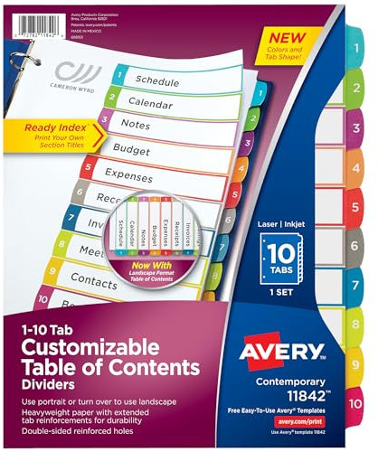 Avery 10 Registerkarten für 3 Ringbücher, anpassbares Inhaltsverzeichnis, mehrfarbig, 1 Set (11842)