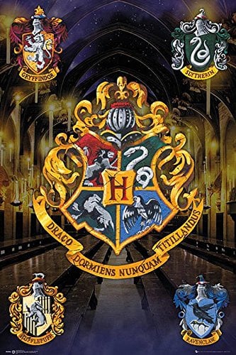 Harry Potter Poster - Hogwarts mit Allen Häuserwappen + 2 St. Schwarze Posterleisten mit Aufhängung