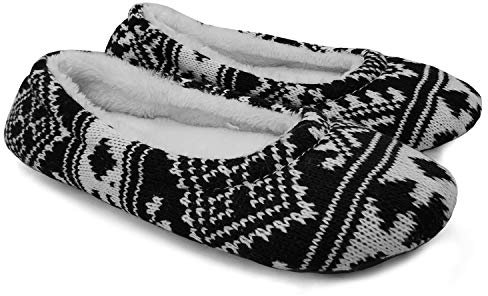 Ofoot Women's Cashmere Cable Knit Ballerina Slippers,Cotton Velvet Lined Indoor House Shoes,Soft Plush Flat with Snowflake Patterns Black 3/4 UK