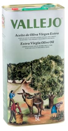 Vallejo Huile d'Olive Extra Vierge 5L Espagnole - Bidon Picual à Froid | 100% espagnole, monovariétale Picual de Jaén. Extraction à froid sous 27°C. Bidon métal 5 litres, saveur intense.