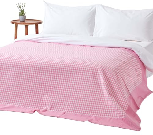 HOMESCAPES Gingham Check Throw Blanket, 100% Cotton Checkered Pink & White, Warm & Cosy, Handwoven Large Throws For Sofas Large, Breathable Blankets For Bed & Armchairs - 150 x 200 cm