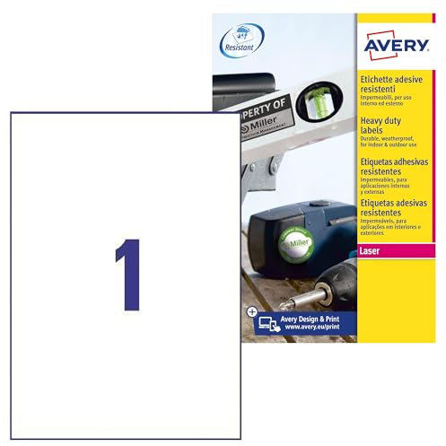 Avery Italia L4775-20 Etichette adesive in poliestere bianco resistente, 20 fogli A4, rettangolari 210x297mm, 1 etichetta per foglio, adesivo permanente, stampanti laser