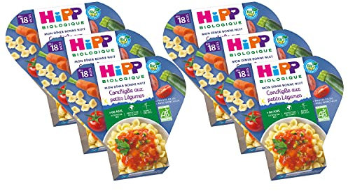 HiPP Biologique Conchiglie aux Petits Légumes dès 18 mois - 6 assiettes de 260 g (L'emballage peut varier)