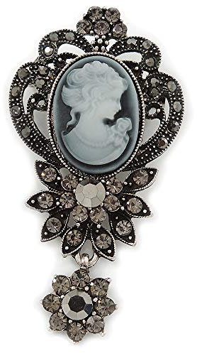 Avalaya Broche d'inspiration vintage camée en cristal hématite gris foncé avec breloque en argent antique – 65 mm L