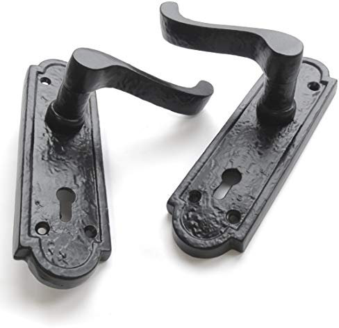 Pair of Black Hammered Victorian Scroll Lever Latch Lock Door Handles Keyholes ON Back Plate