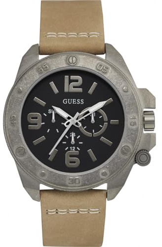 Guess Men's Quartz Watch with Black Dial Analogue Display and Beige Leather Bracelet W0659G4