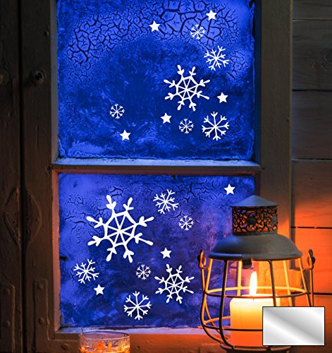 Fensterbild Fensteraufkleber Schnee Schneeflocken Schneekristalle Sterne Set 18 Teile M1707 - ausgewählte Farbe: *Silber