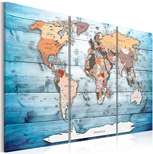 Prints on Canvas - Pin board World Map 120x80 cm/48x32 3 pieces Cork Board On Non-Woven Material XXL Memo Notice Board Pins Included Vision Board Images Pictures Home Decor Wall - Blue k-C-0035-p-h
