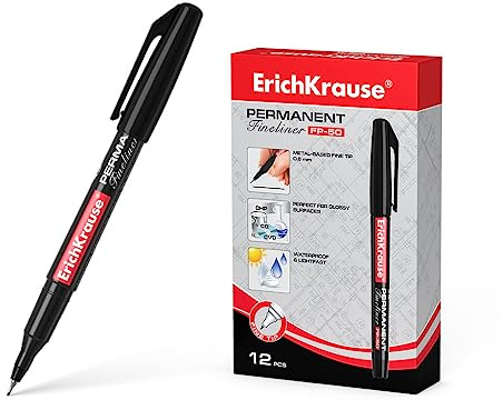 Fineliner 0,6mm schwarz - fein zum Schreiben Markieren Zeichnen - CD Marker für DVD und OHP Folien ErichKrause 12 Permanentmarker P-50 Schwarz (Packung) Wasserfest