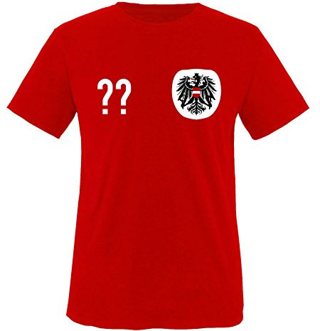 Comedy Shirts T-shirt de football pour homme imprimable – Nom et numéro au choix – Coupe du Monde / EM/Autriche – T-shirt à col rond pour homme en blanc et rouge