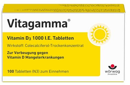 Vitagamma® D3 1000 I.E. Vitamin D Tabletten, 100 Stk. | Zur Vorbeugung einer Vitamin-D-Mangel-Erkrankung bei Risikopatienten, 1x täglich, Apothekenqualität, gluten & laktosefrei