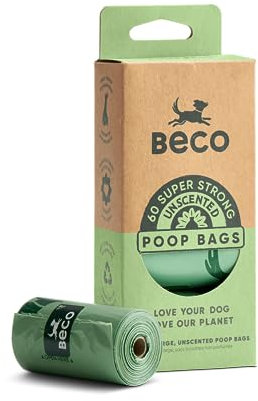Beco Dog Poop Bags Rolls - Strong & Large - 60 Bags (4 Rolls of 15) Unscented, Dispenser Compatible for Dog Waste