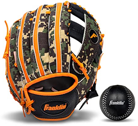 Franklin Sports RTP Teeball Performance Gloves & Ball Combo, 9.5, Right Hand Throw, Black/Orange