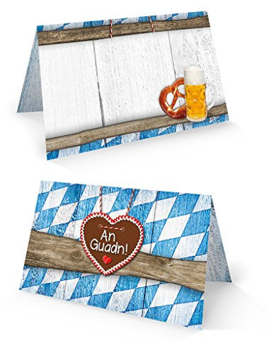 Tischkarten Set, 100 Stück: Bayerische Platzkarten Blau Weiß Kariert, Bayern Deko Tisch, Holzoptik, Maßkrug & Brezel, Namenskarten Tischdeko, Hochzeit, Geburtstag, Oktoberfest, Party, 8,5 x 5,5 cm