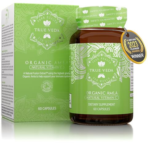 Organic Amla Vitamin C Capsules - Certified Organic by Soil Association | Potent Natural Sourced Vitamin C | Ayurveda | Vegetarian & Vegan Friendly | 60 Easy Swallow Amalaki Tablets | Made in The UK