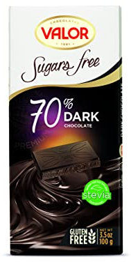 Chocolates Valor Chocolat Noir 70 % Cacao | Sans Sucre | Sans Gluten |Vegan | De la Fève à la Tablette |Cacao 70 % Minimum | Édulcorant Stévia | 100 g