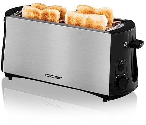 Cloer 3719 Longue fente Grille-Pain pour 4 tranches de toast, 1380 W, support pour petits pains intégré, Élevateur de tranches de pain, Tiroir à miette, Boîtier en acier inoxydable, noir