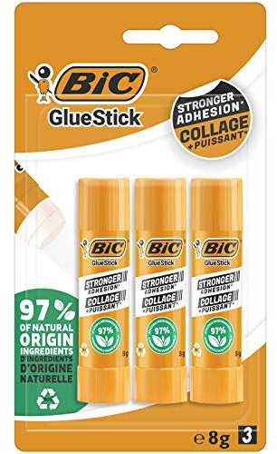 BIC ECOlutions Glue Stick – Bâtons de Colle Blanche Parfaits pour Papier et Carton, Sans Solvant - 8 g, Blister de 3 tubes