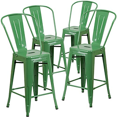 Flash Furniture Lily Handelsübliche Qualität, 61 cm hoch, Metall, für drinnen und draußen, Thekenhöhe mit Abnehmbarer Rückenlehne, Grün, 4 Stück