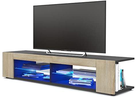 Vladon Lowboard Movie, TV-Kommode mit 4 offenen Fächern und Zierleisten, Schwarz matt/Eiche Sägegrau, inkl. LED-Beleuchtung blau (134 x 29 x 39 cm)
