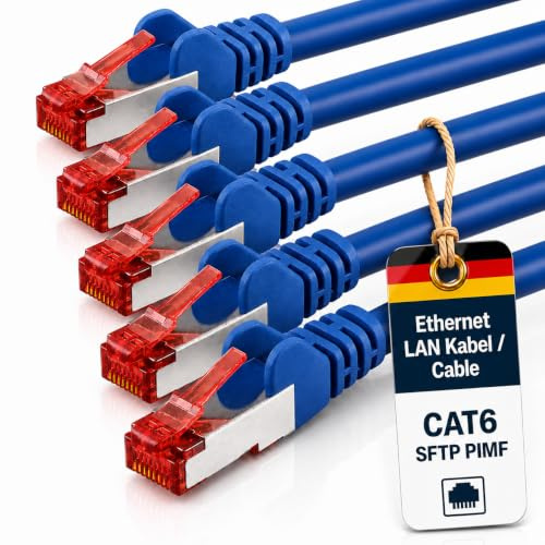 1aTTack.de Lan- Netzwerkkabel Cat6 5x 2m RJ45 SFTP PIMF - Blau | Ethernet-Patchkabel für Gigabit-Netzwerke – für Router, Modem, Switch, PC & Konsole mit RJ45 Stecker