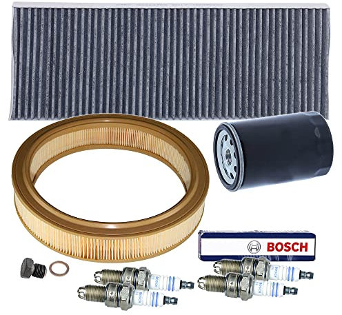 BESTPRICE Inspektionspaket Filterset mit 1x Luftfilter, 1x Innenraumfilter (Pollenfilter) mit Aktivkohle, 4x Zündkerze WR7LTC+;, 1x Ölablassschraube mit Dichtung Kompatibel mit AUDI 80 B4 (8C5) (8C2)