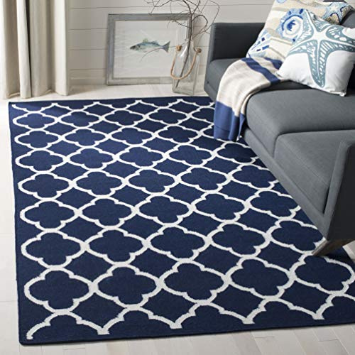 SAFAVIEH Dhurries Collection Accent Rug - 4' x 6', Navy & Ivory, Handmade Flat Weave Wool & Banana Silk, Ideal for High Traffic Areas in Entryway, Living Room, Bedroom (DHU627D)