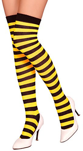 Krautwear® Damen Gestreifte Overknees Strümpfe Ringelstrümpfe Karneval Fasching Cosplay 80er Jahre (gelb/schwarz)