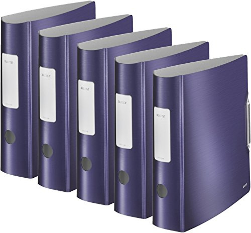5x Leitz 11080069 Multifunktions-Ordner (A4, Runder Rücken 8,2 cm Breite, Gummibandverschluss, Gebürstete Alu-Optik, Kunststoff, Ergonomische Form, Active Style) titan blau (5er Set)