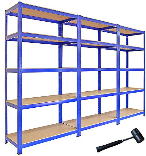 T-Rax Pack of 3 Garage Shelving Units 5 Tier Heavy Duty Rack for Storage Steel Utility Shelves Metal & MDF Boltless Racking Assembly System 180cm x 90cm x 45cm 4200KG Capacity 280KG Per Shelf Blue