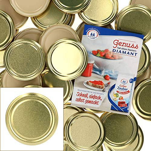 Lot de 50 couvercles pour bocal to 82 doré uni pour bocal de 230 ml, 350 ml ou 435 ml avec diamant de sucre gelierzauber livret de recettes