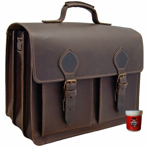 Freiherr von Maltzahn Aktentasche, Jumbo 42 cm, aus Leder für 17 Zoll Notebook und zwei dicke Ordner, inkl. Lederpflege