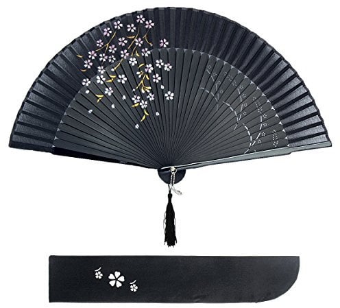 Dazone Blütenkirsche Muster Spitze Bambus Faltbar Handfächer für den Sommer Anlässen, Gartenfeste, Hochzeiten im Freien, Tuch Dekoration (Schwarz)