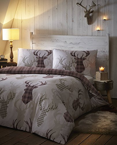 De Cama Tartan Check Stag King Duvet Quilt Cover Bedding Set Natural & Brown, Cotton and Polyester,3 pieces, King