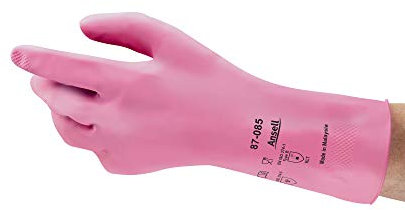Ansell AlphaTec 87-085 Multipurpose Latex Gloves with Long Cuff, Chemical Protection and Food Safety, Reusable Kitchen Gloves, Household Cleaning and Dishwashing, Pink, Size L (12 Pairs)