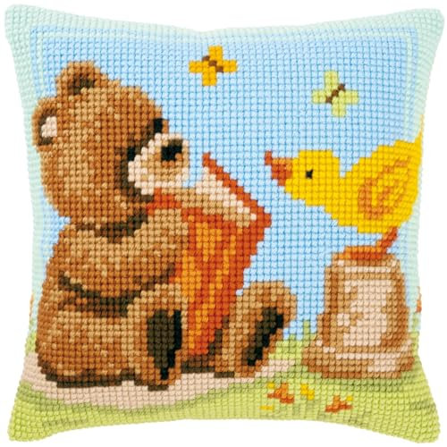 VERVACO Kreuzstich Stickpackungen Kissen Stickerei Set Anfänger Vorgedruckt Popcorn liest DIY Set Kreativ Set Für Erwachsene Dekoratives Kissen ca. 40 x 40 cm Bastelset Handwerker Haus Dekoration