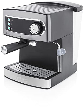 Princess 249407 Máquina de café Espresso, 15 bares de presión, depósito de agua extraíble de 1.6 l, vaporizador de leche para Capuccino o Latte Macchiato, 850 W, Plateado y Negro