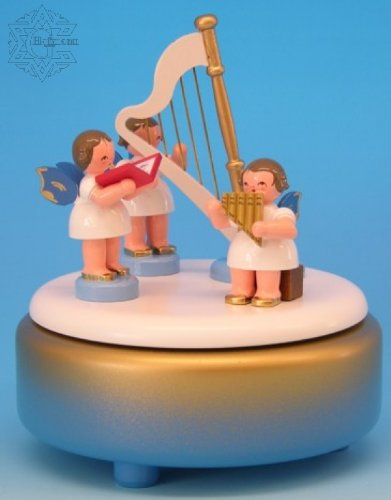 Spieldose blau / weiß / gold mit 3 Engel und Harfe