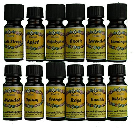osters muschel-sammler-shop 12 Set DUFTOEL Duftoel Raumduft mit verschiedenen Duftsorten Anti-Stress/Apfel/Eukalyptus/Exotic/Lavendel/Lemongras/Mandel/Opium/Orange/Rose/Vanille/Wildkirsche