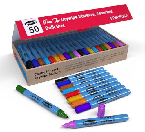 Show-me Fine-Tip Drywipe Whiteboard Pens for Schools and Classrooms – Assorted Colours (50 Pack of Markers)