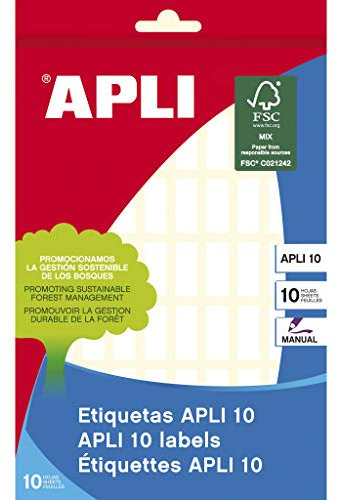 APLI 1633 - Etiquetas permanentes blancas APLI 10 de escritura manual , pack de 10 hojas, Color Blanco, etiquetas de 8 x 20 mm, 700 etiquetas