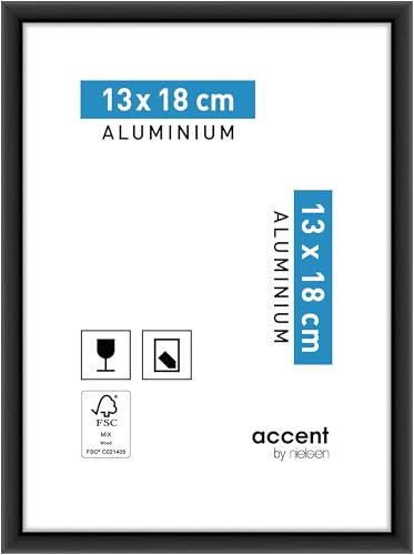accent by nielsen Bilderrahmen, 13 x 18 cm, Aluminium, Schwarz matt, Fotorahmen zum Auftstellen und Aufhängen im Hoch- & Querformat, Echtglas, Accent